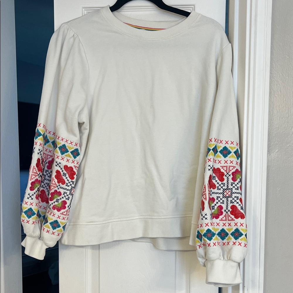 Boden Cream Sweatshirt with Multicolor Embroidered Puff Sleeves